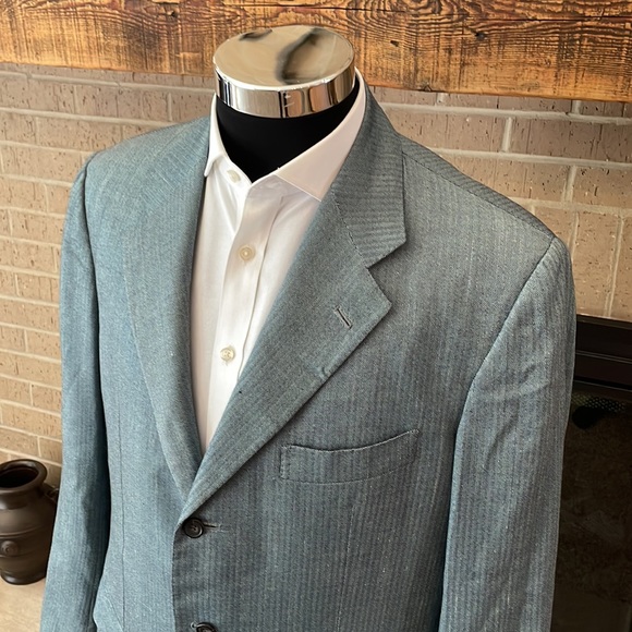 Kiton mens 44L light blue stripe cashmere linen 3-button suit jacket EUC - Picture 2 of 7